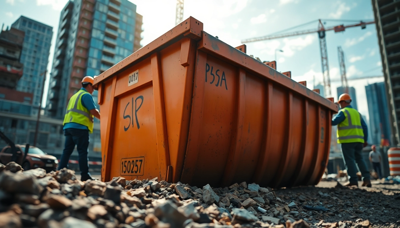 Efficient skip hire at a vibrant construction site with active workers managing waste.