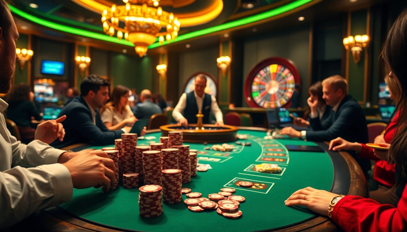 A dynamic poker game at https://f168.group/, featuring chips, cards, and an illuminated roulette wheel.
