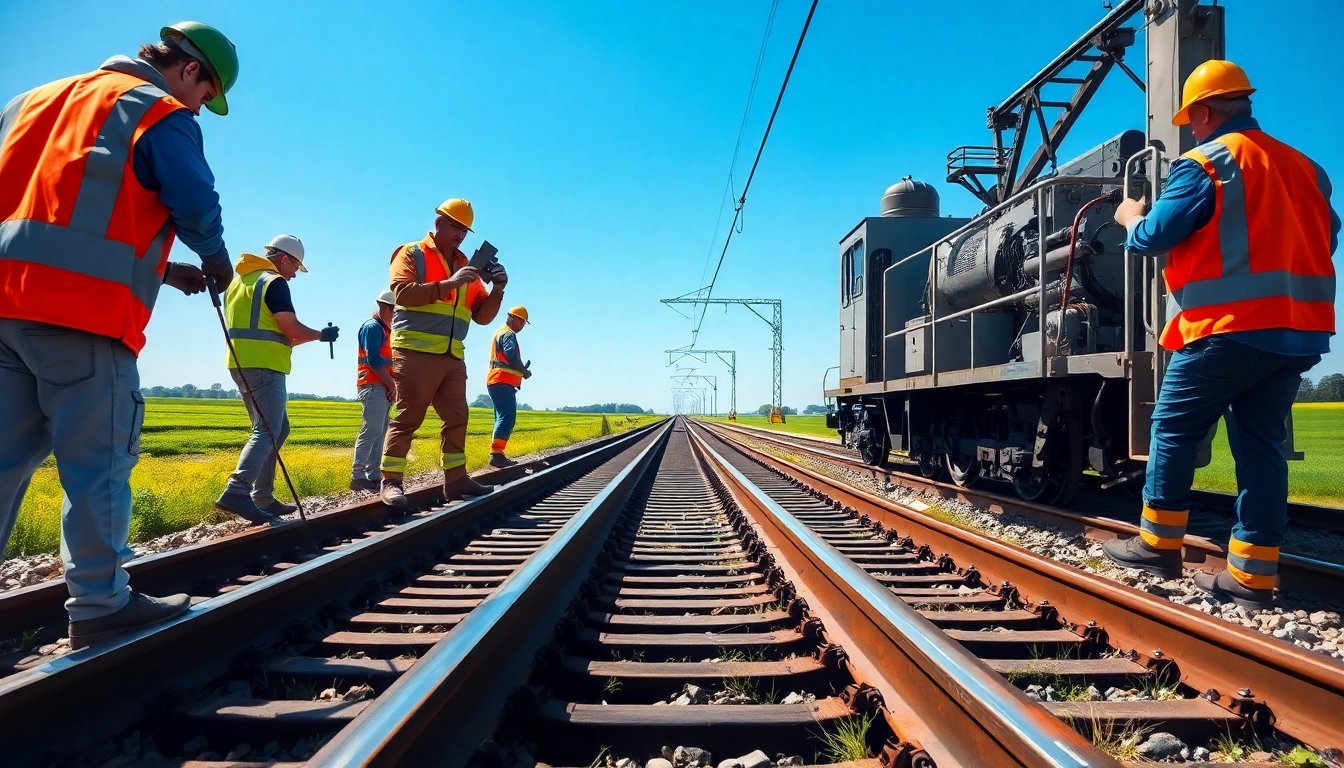 Railroad Maintenance: Professional crew inspecting tracks with machinery in action.