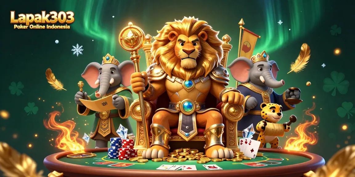 Join the excitement of Lapak303 Poker Online Indonesia, featuring a vibrant 3D scene with a playful poker theme.