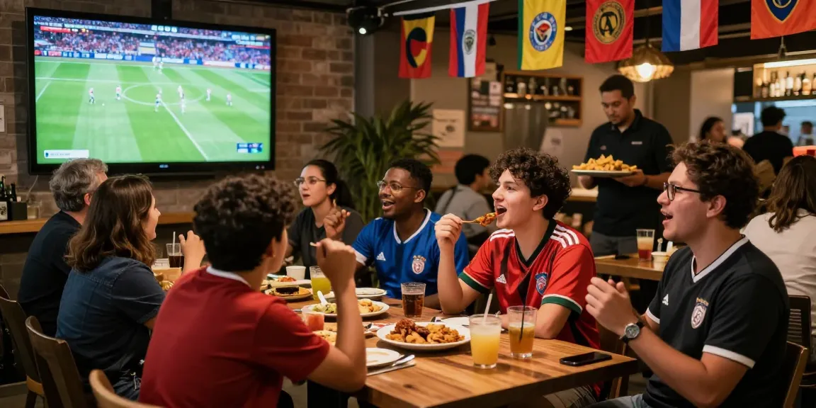 Live koora match being enjoyed by excited football fans in a lively café.