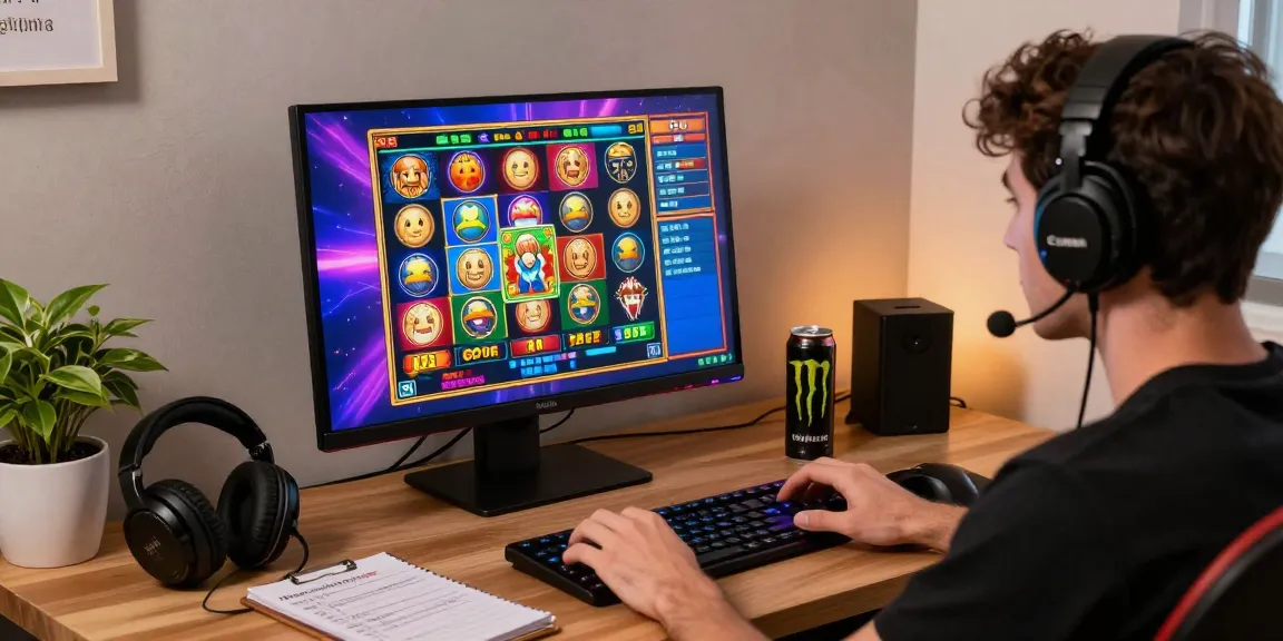 Player immersed in a slot depo 5000 game on a vibrant home office setup, showcasing an exciting online gambling experience.