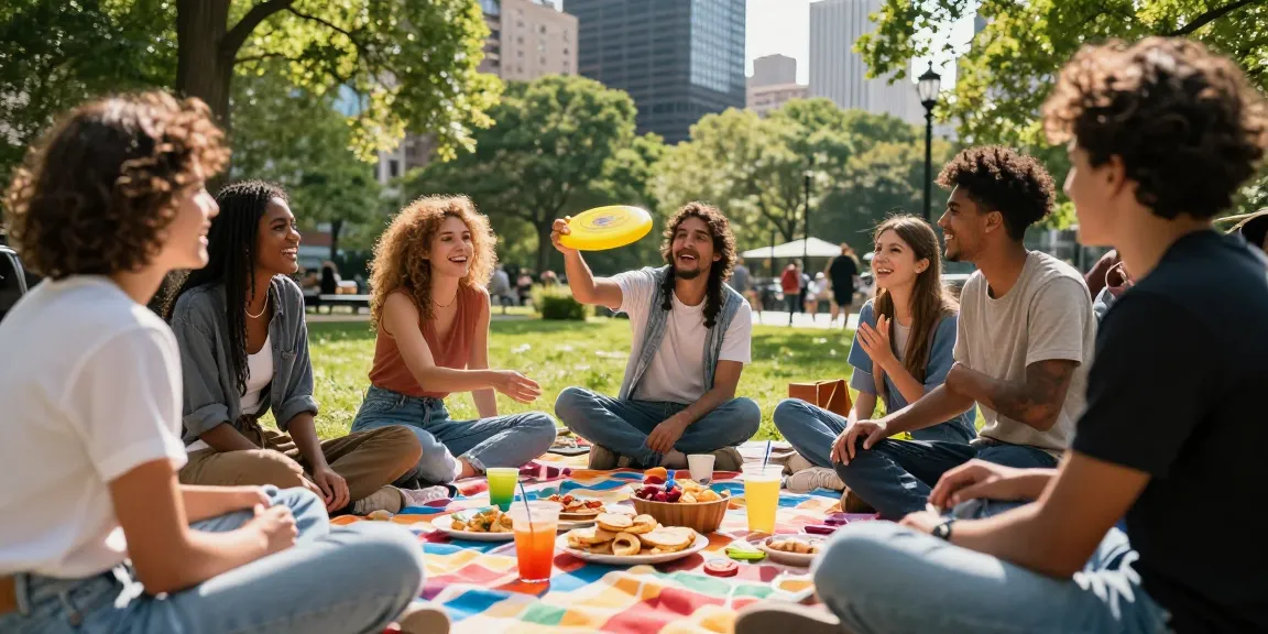 Friends enjoying a Motchill gathering in a city park with vibrant snacks and drinks.