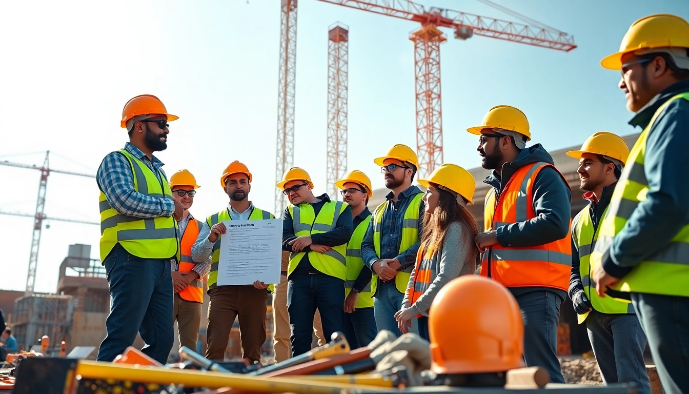Engaged workers receiving construction safety training at a vibrant, outdoor workshop.