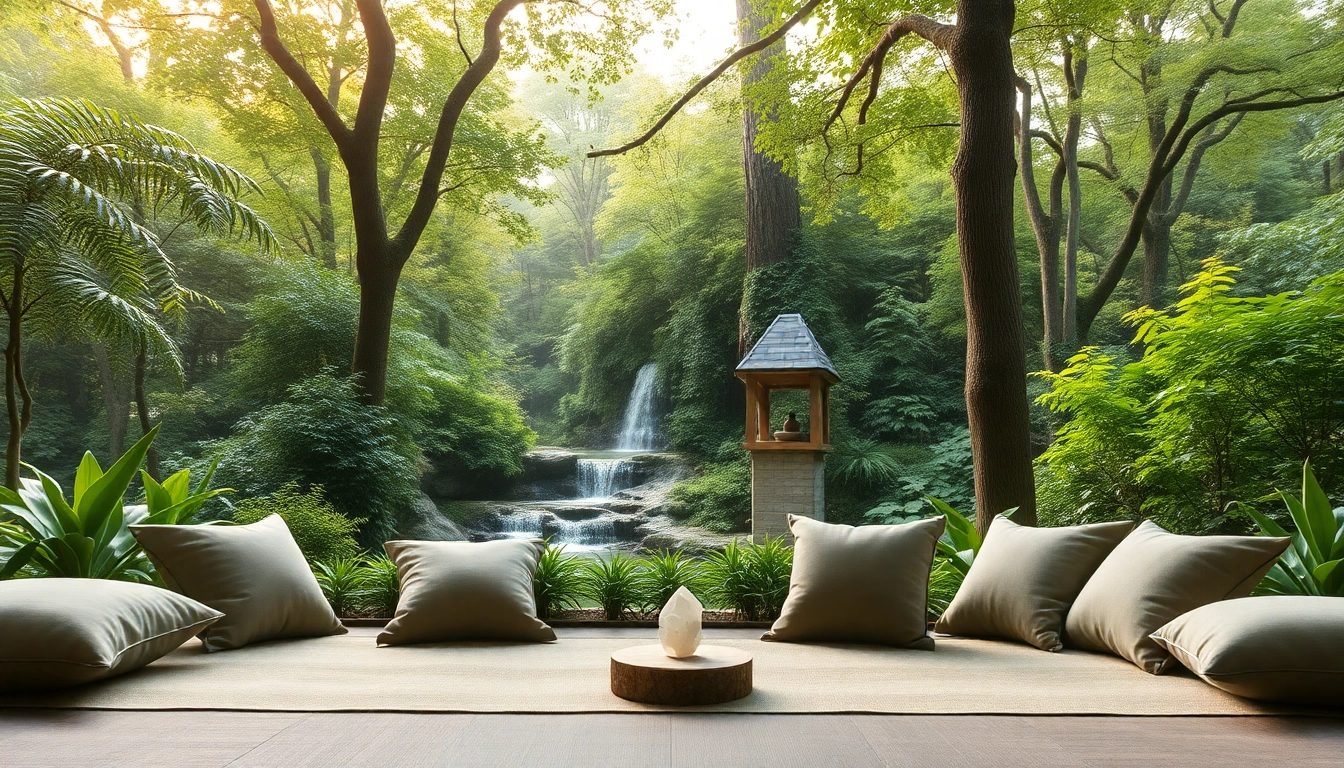 Relaxing wellness retreat showcasing a serene meditation space amidst lush greenery.