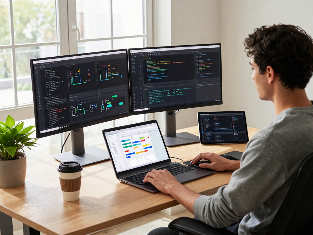 Motchill developer coding in a modern workspace with dual monitors and natural light.
