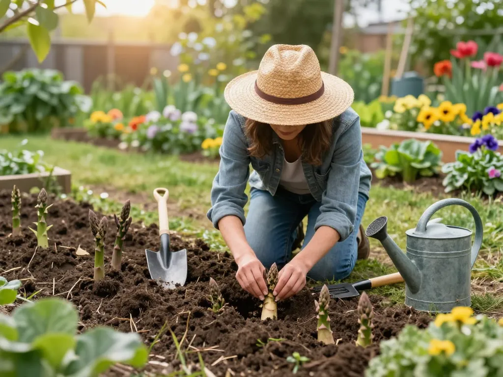 Gardener planting asparagus crowns in rich soil, showcasing asperges planten in a vibrant home garden.