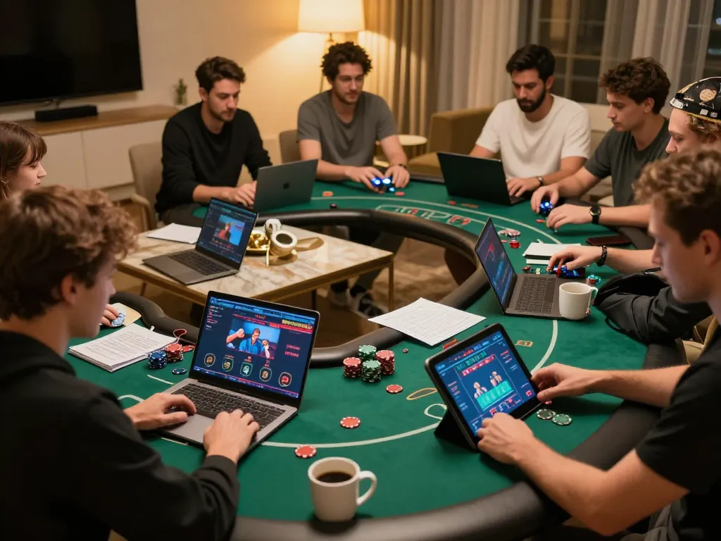 Players engaged in an exciting online poker session with 789win777 on their screens, showcasing strategic gameplay.
