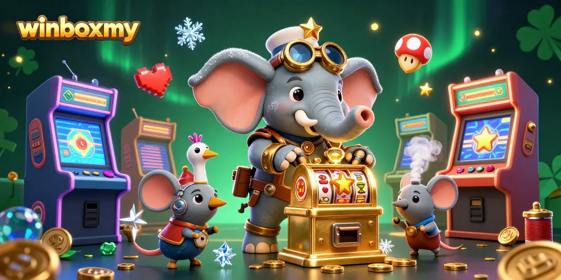 WinboxMY features a steampunk elephant engineer operating a slot machine, immersed in a vibrant casino scene.