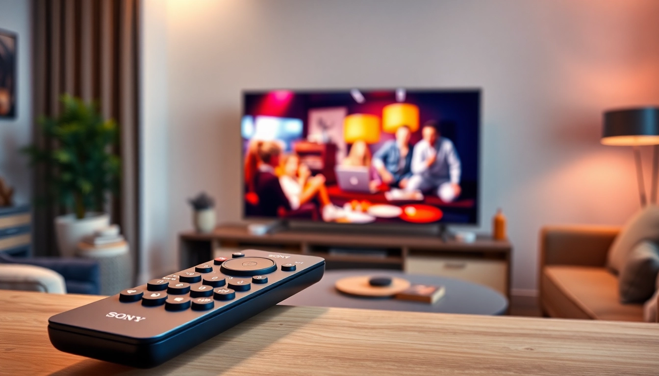 Verwenden Sie die Sony Fernbedienung, um das Fernseherlebnis in einem einladenden Wohnzimmer zu genießen.