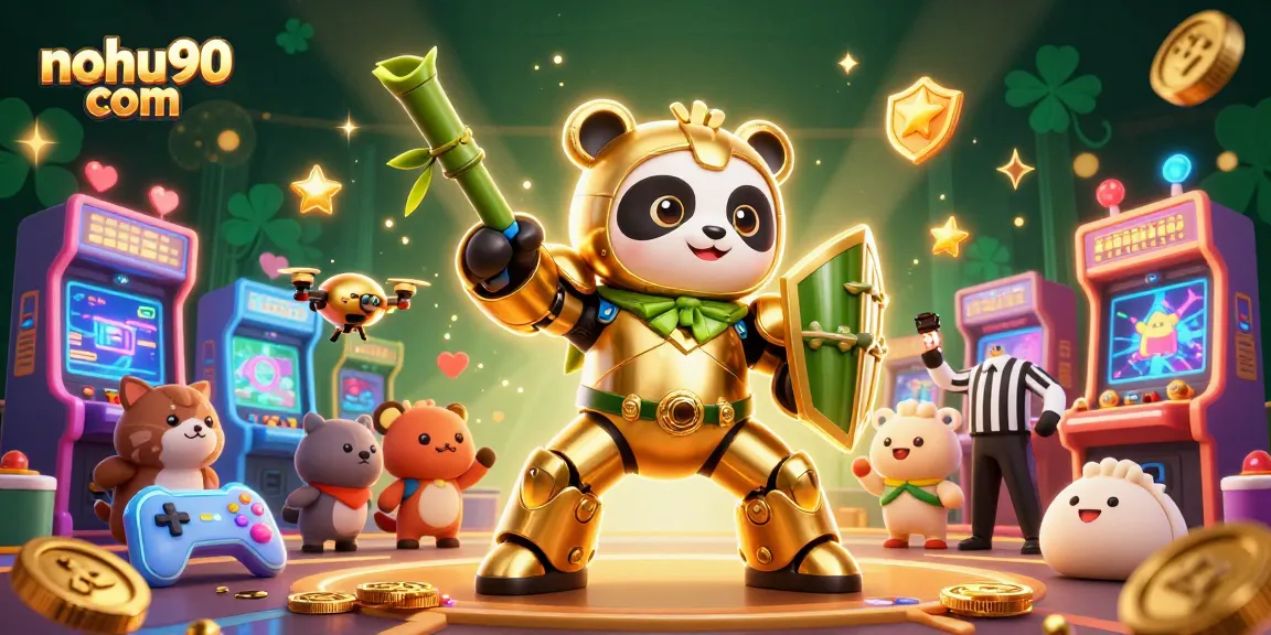 Nohu90 com shines in a vibrant 3D illustration of a golden panda pilot in a bamboo robot amidst casino-style action.