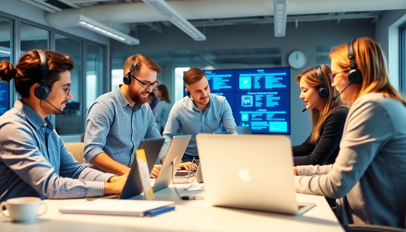 IT support services team collaborating in a bright, modern office environment.