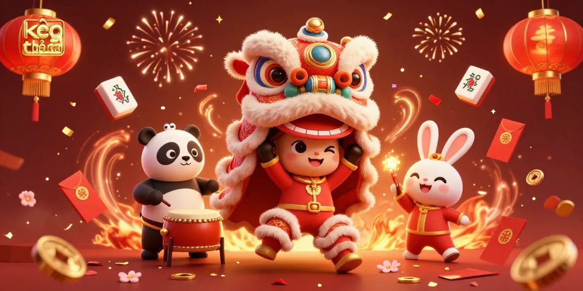Engage with kèo nhà cái through this vibrant 3D illustration, featuring a lion dance, drumming panda, and dynamic decorations.