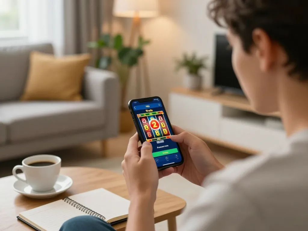 Engaging moment with slot deposit 2rb app on smartphone, indicating a player strategizing online gaming.