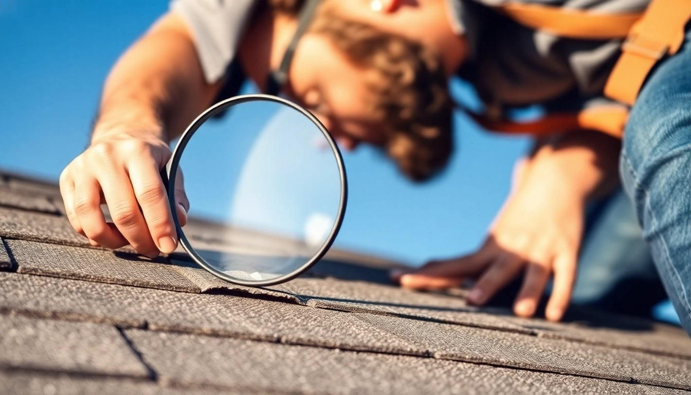 Expert roof repair professional examining shingles for damage and structural integrity on a sunny day.