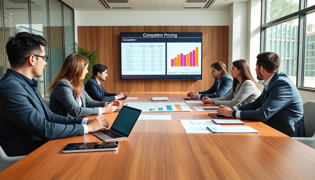 Analyze competitor pricing strategies in a vibrant business meeting with professionals.