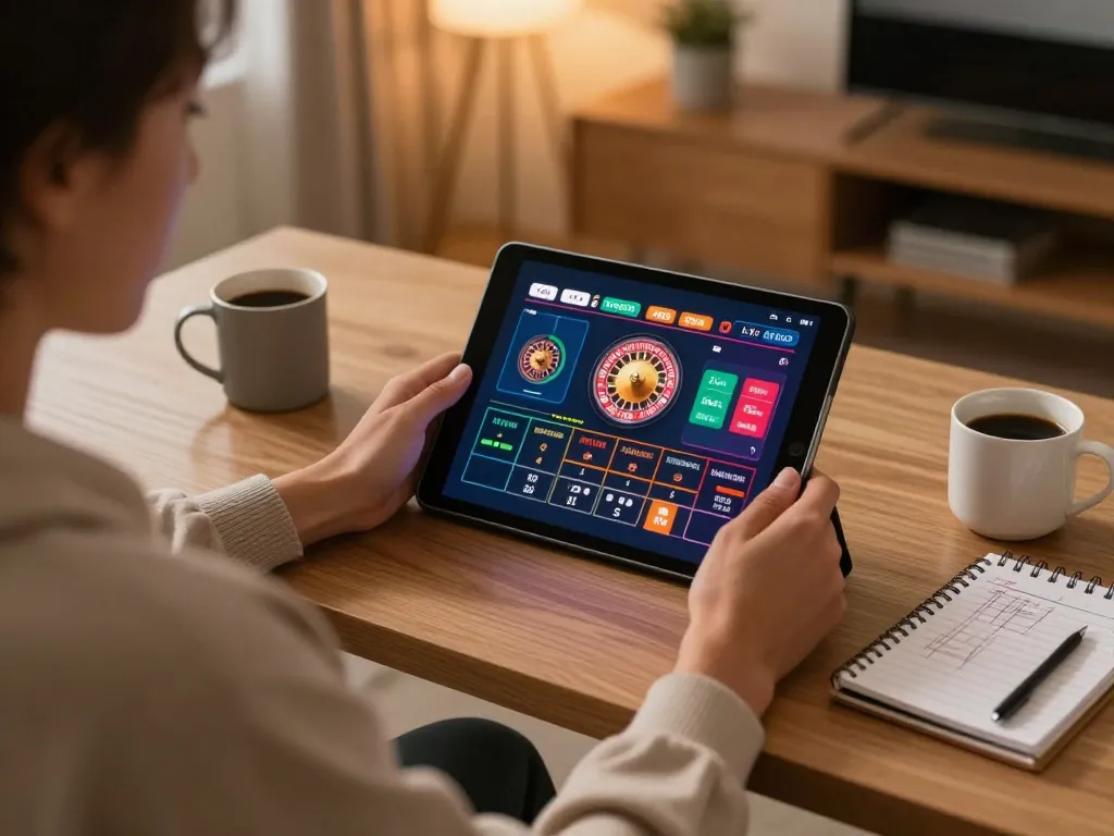 Engaging in online gaming with rr88 app, showcasing a vibrant roulette interface on tablet.