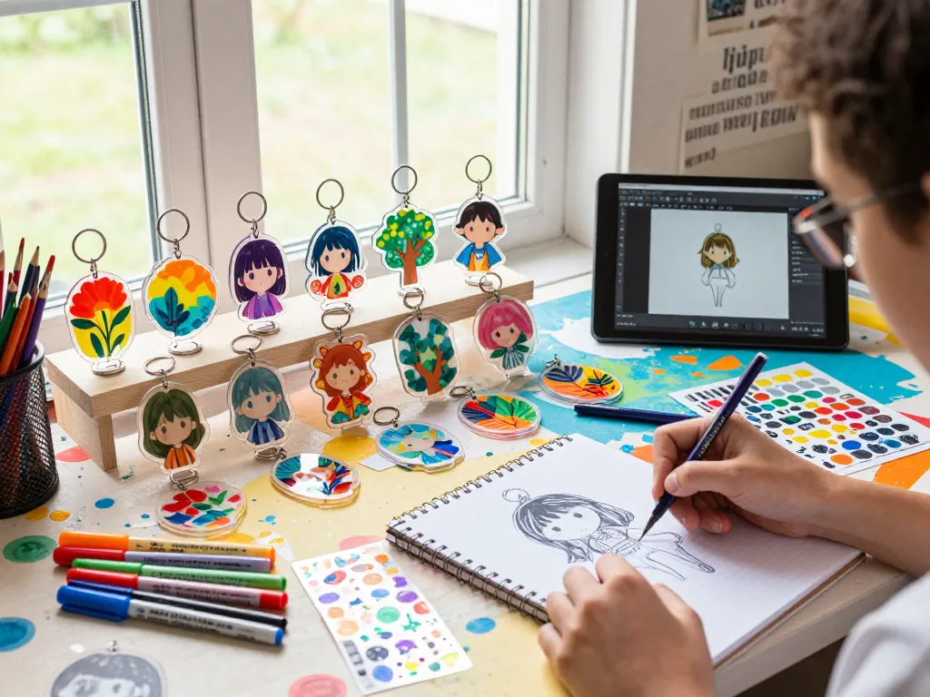 Custom acrylic keychains creatively displayed on an artist's table, showcasing vibrant designs and colorful surroundings.