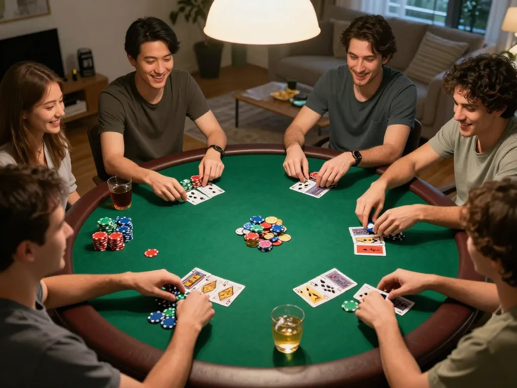 Cakhia tv players enjoying a lively poker game night with colorful chips and cards