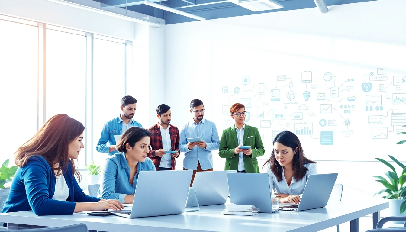 Web development company team collaborating in a bright, modern office setting.