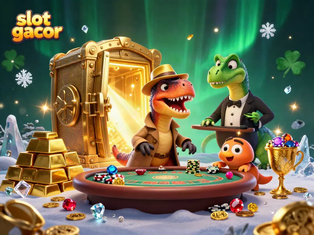 Permainan slot gacor bersama kadal velociraptor dan pit boss di kasino, menampilkan keseruan jackpot.