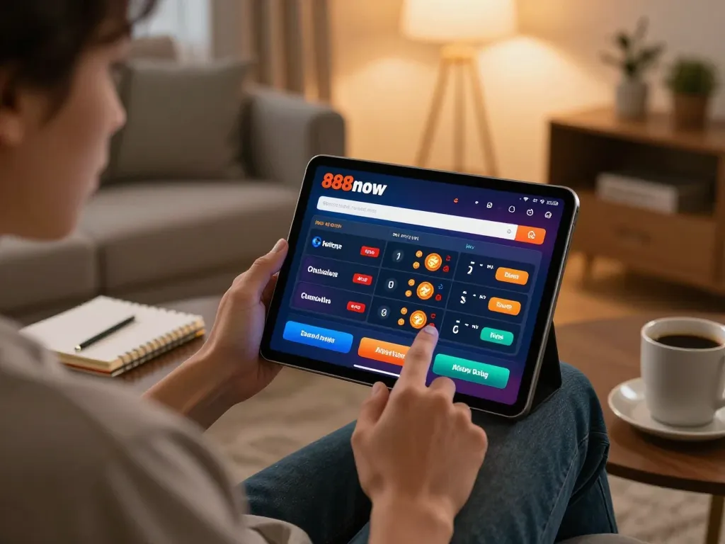 Engaged user on 888now đăng nhập app during online betting session at home.