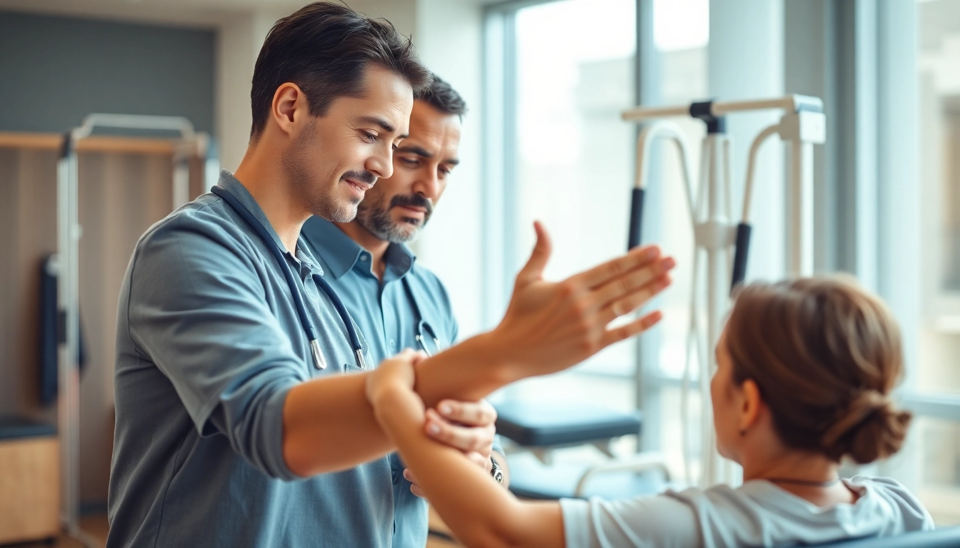 Helping patients with physiotherapy edmonton exercises in a well-equipped clinic.