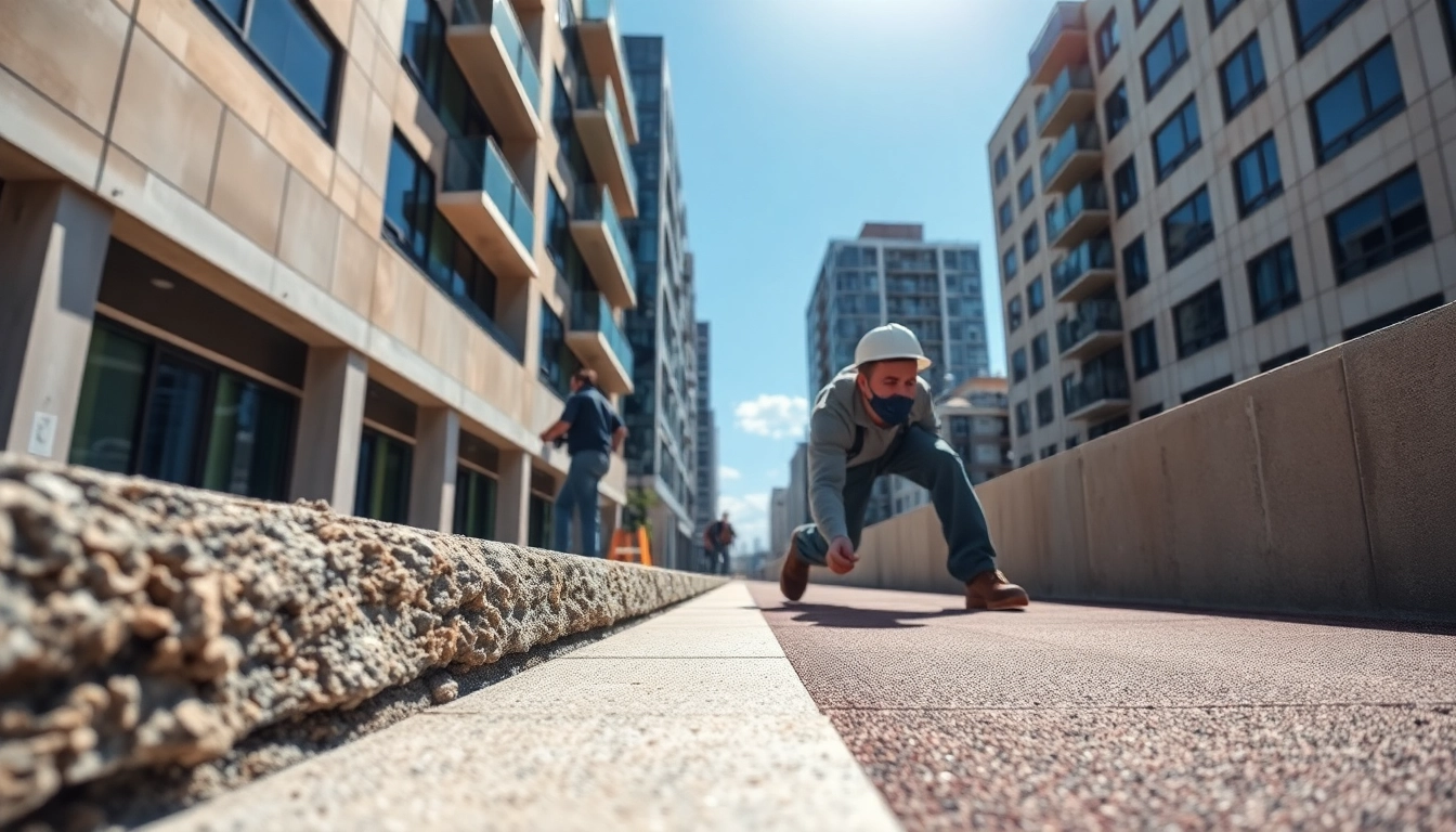 Workers applying surfacing solutions in an urban setting, showcasing quality and craftsmanship.