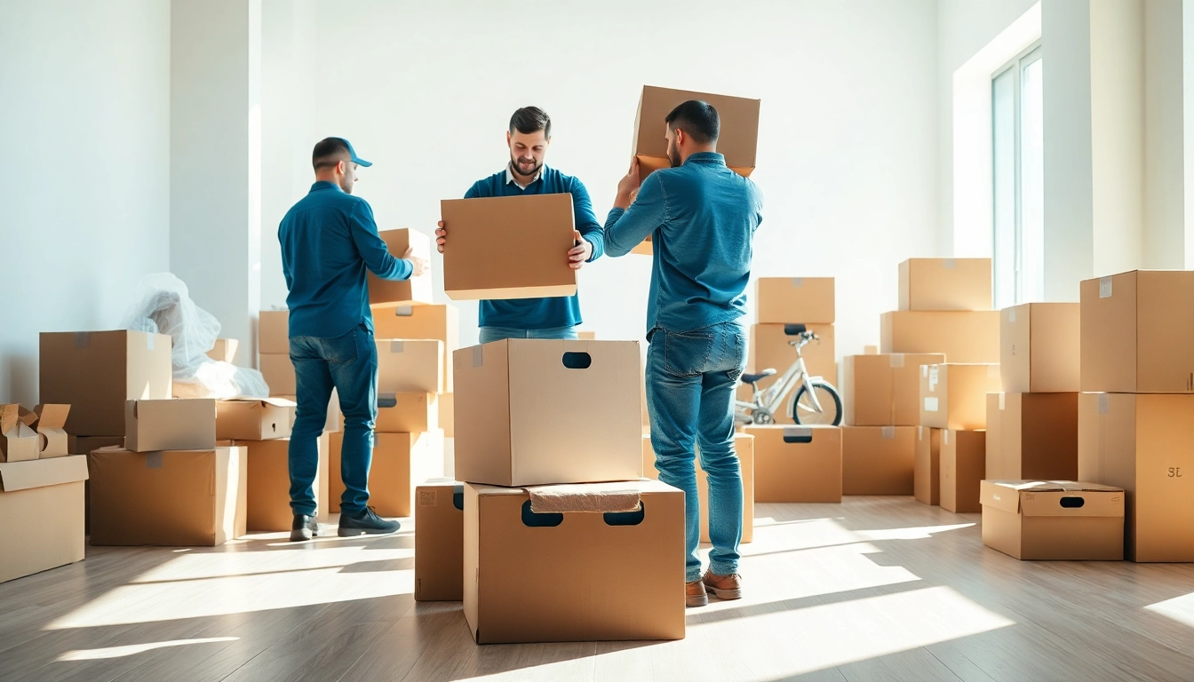 Packing movers efficiently handling items in a bright, organized setting with packing supplies.
