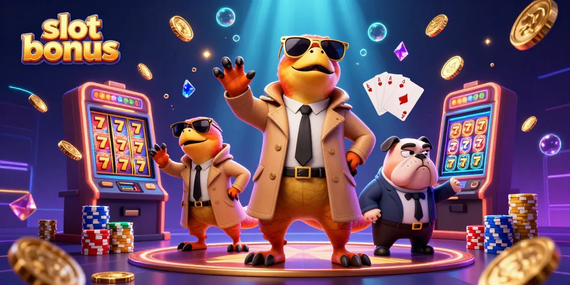 Experience the thrill of the slot bonus with raptors in a trench coat amidst vibrant casino elements.