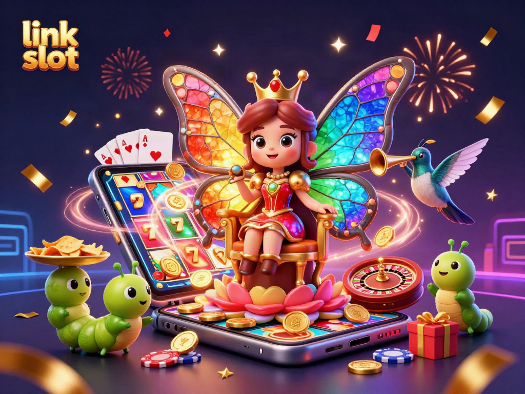 Experience the thrill of link slot gaming with vibrant visuals, featuring a butterfly queen and dynamic casino elements.