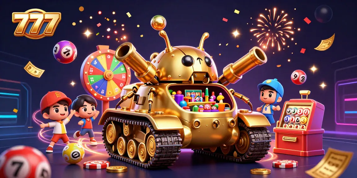 Spin and win with 777 in a vibrant casino scene featuring a golden beetle tank and confetti coins.