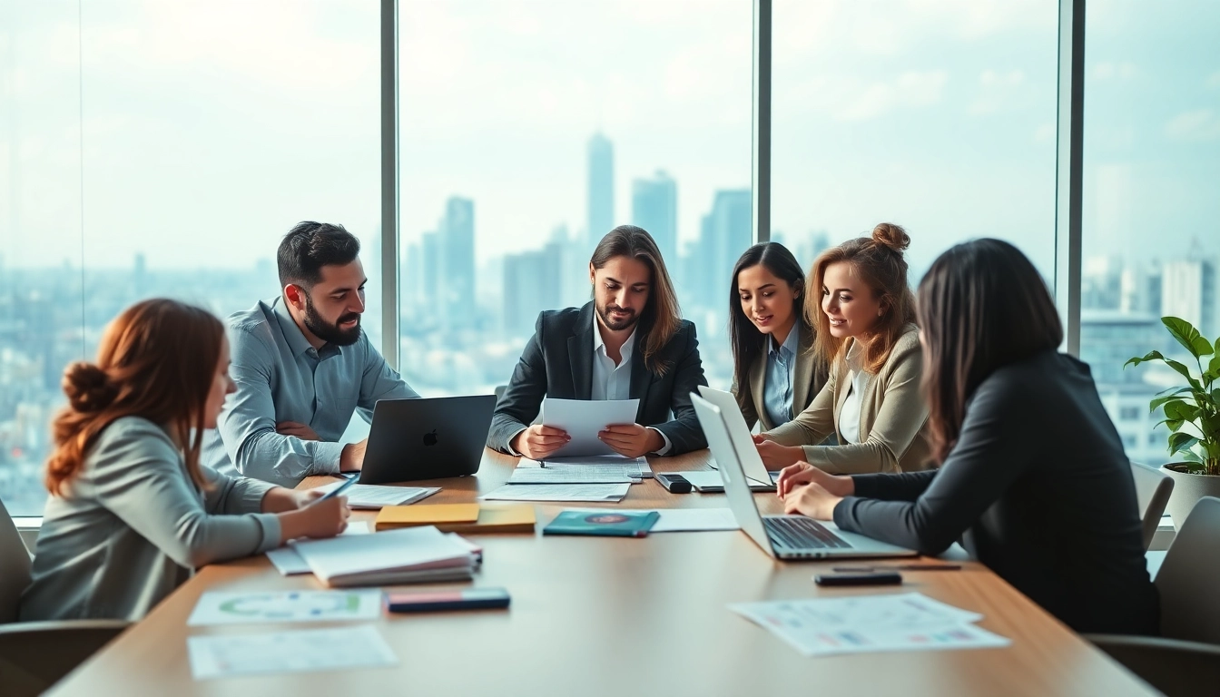 Team collaborating on proposal writing and management strategies with a view of city skyline.