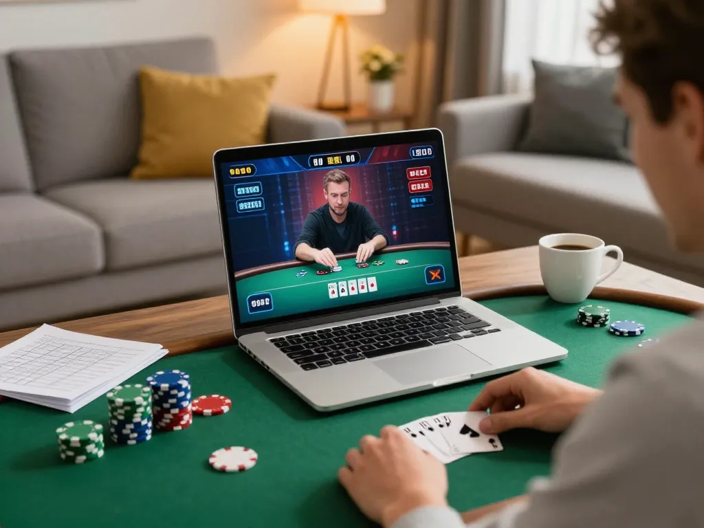 Player focuses on poker strategy in vipwin gaming session at home