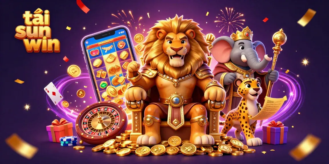 Experience tải sun win with a regal lion king on a gold coin throne amidst exciting game elements.