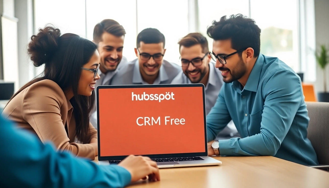 Showcase of HubSpot CRM free on a laptop with a professional team collaborating.