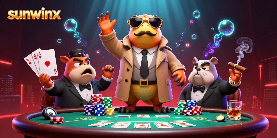 Engage in high-stakes gameplay at sunwinx, where raptors plot with poker chips and cards in a vibrant casino.