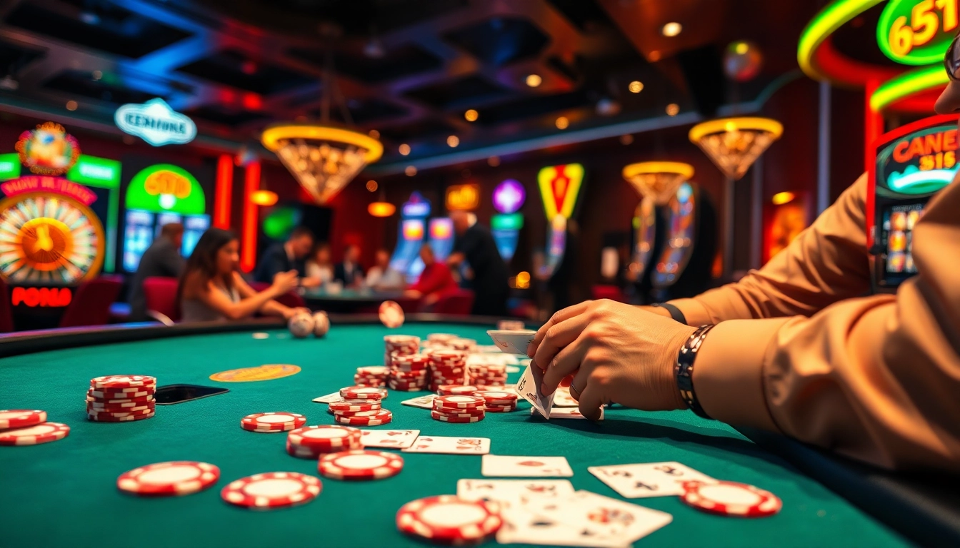 Pemain yang terlibat menikmati poker di meja idn play dalam suasana kasino yang semarak.