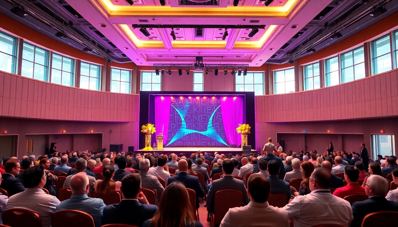 Visualizing the event management software cost during a conference setup, showcasing lively attendees and decor.