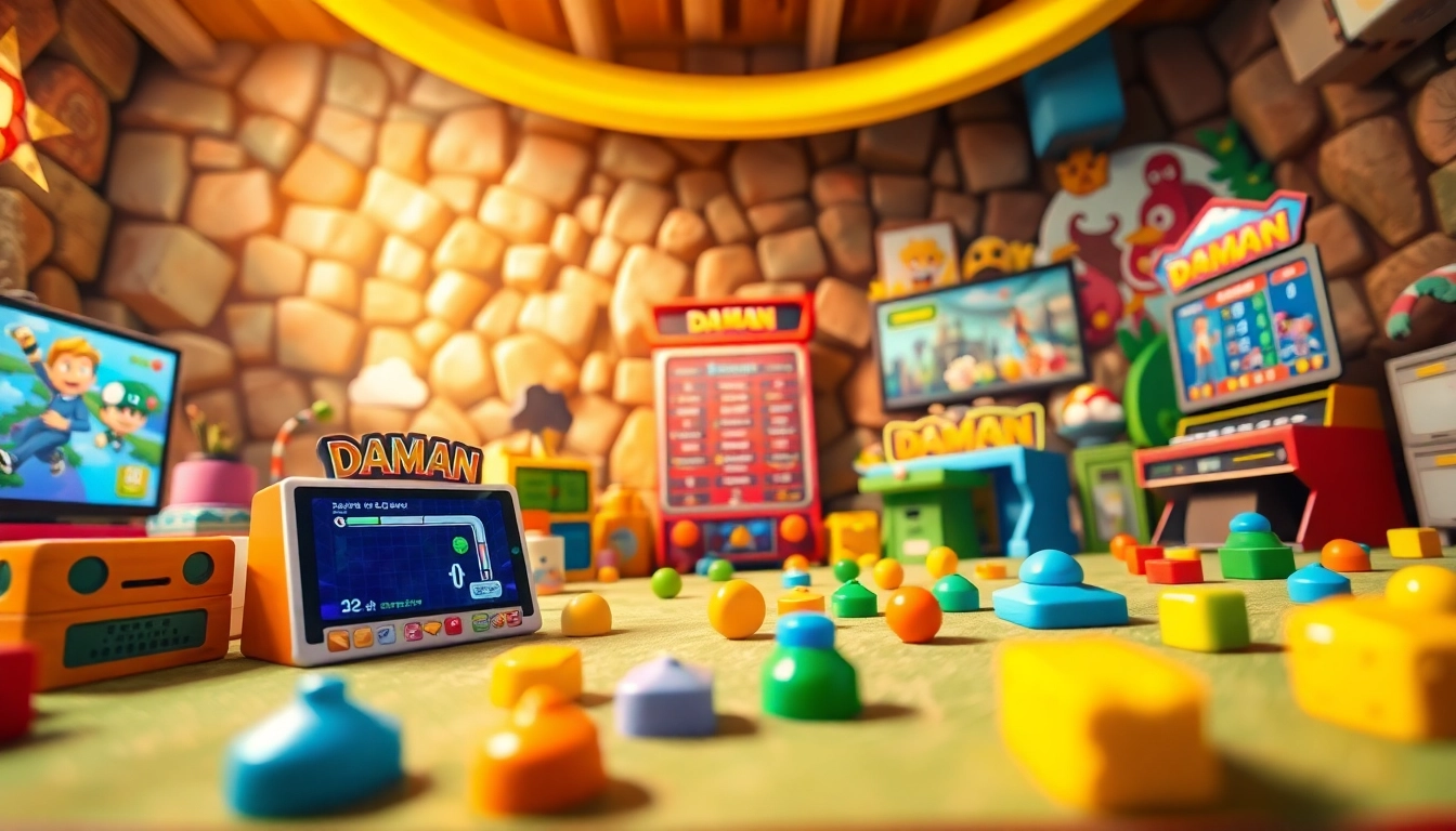 Players engaging with vibrant daman games in an animated and colorful gaming environment.