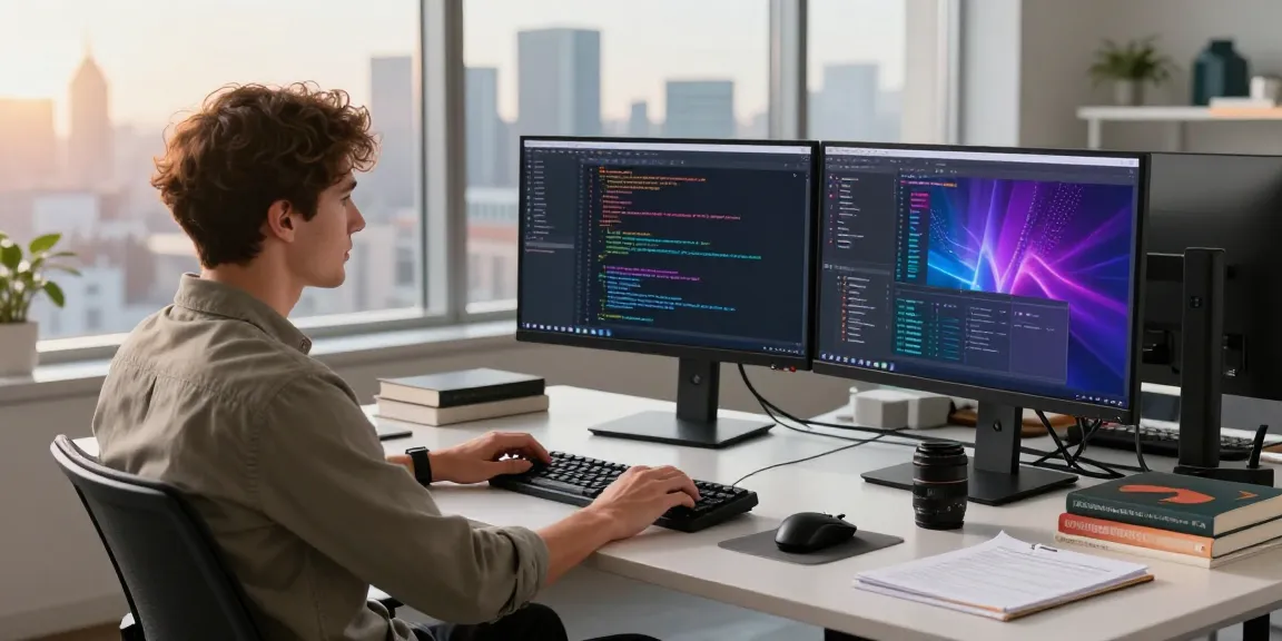 Dynamic tech workspace featuring a developer at dual monitors, embodying the spirit of 纸飞机官网 innovation.