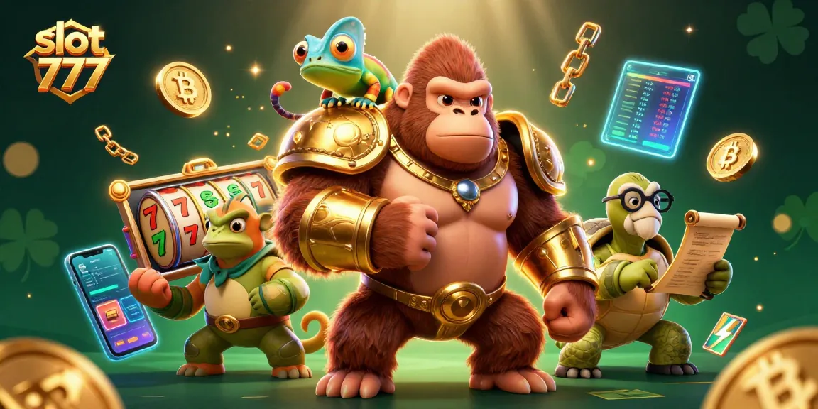 Rasakan sensasi slot 777 dengan gorila raja yang kuat dan chameleon cerdas dalam suasana kasino berwarna-warni.