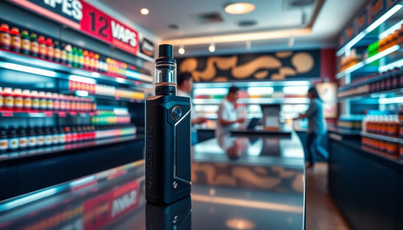Customers exploring a variety of colorful vape juices at Vape Juice Depot’ in a stylish shop.
