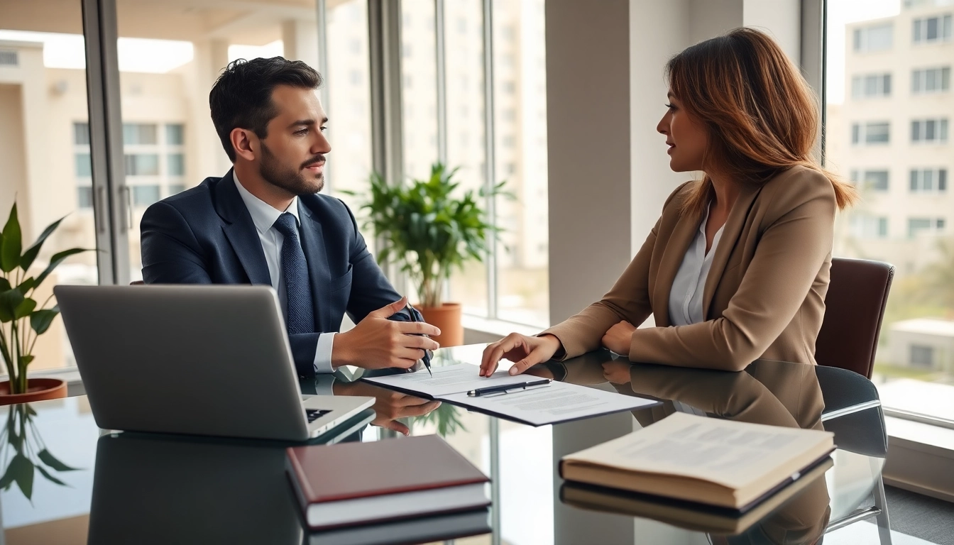 Miami high net worth divorce lawyer discussing legal strategies with a client in an office.
