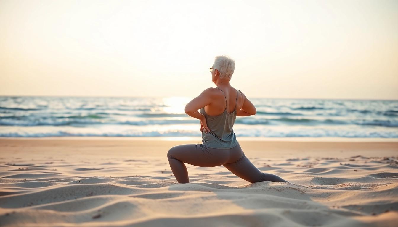 Practicing yoga as a natural back pain solution on a serene beach at sunrise.