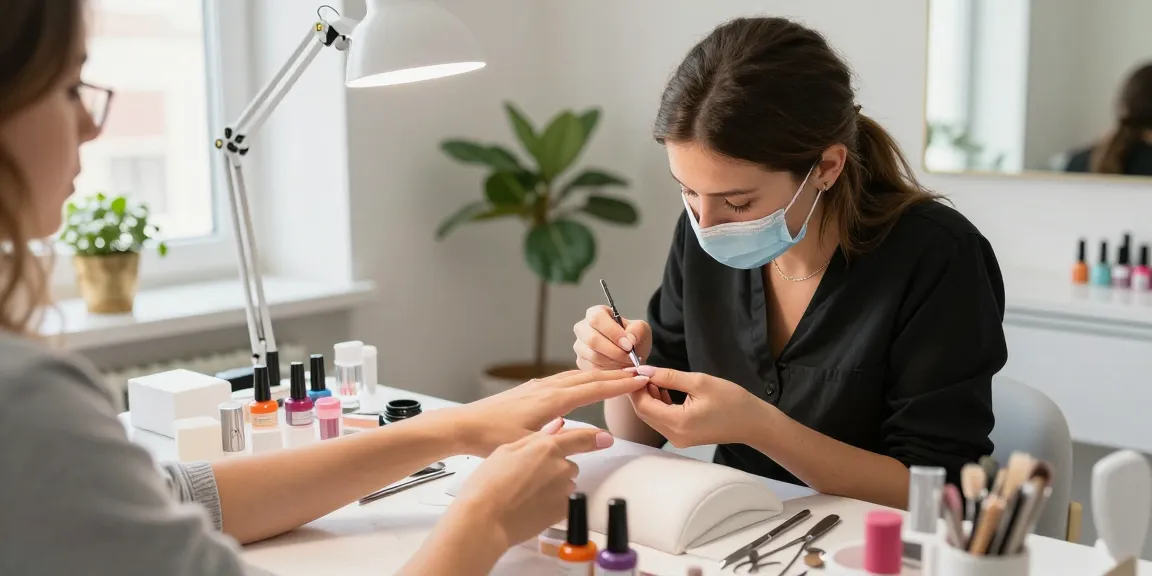 Expert care efectuează gel constructie unghii într-un salon vibrant, bine iluminat.
