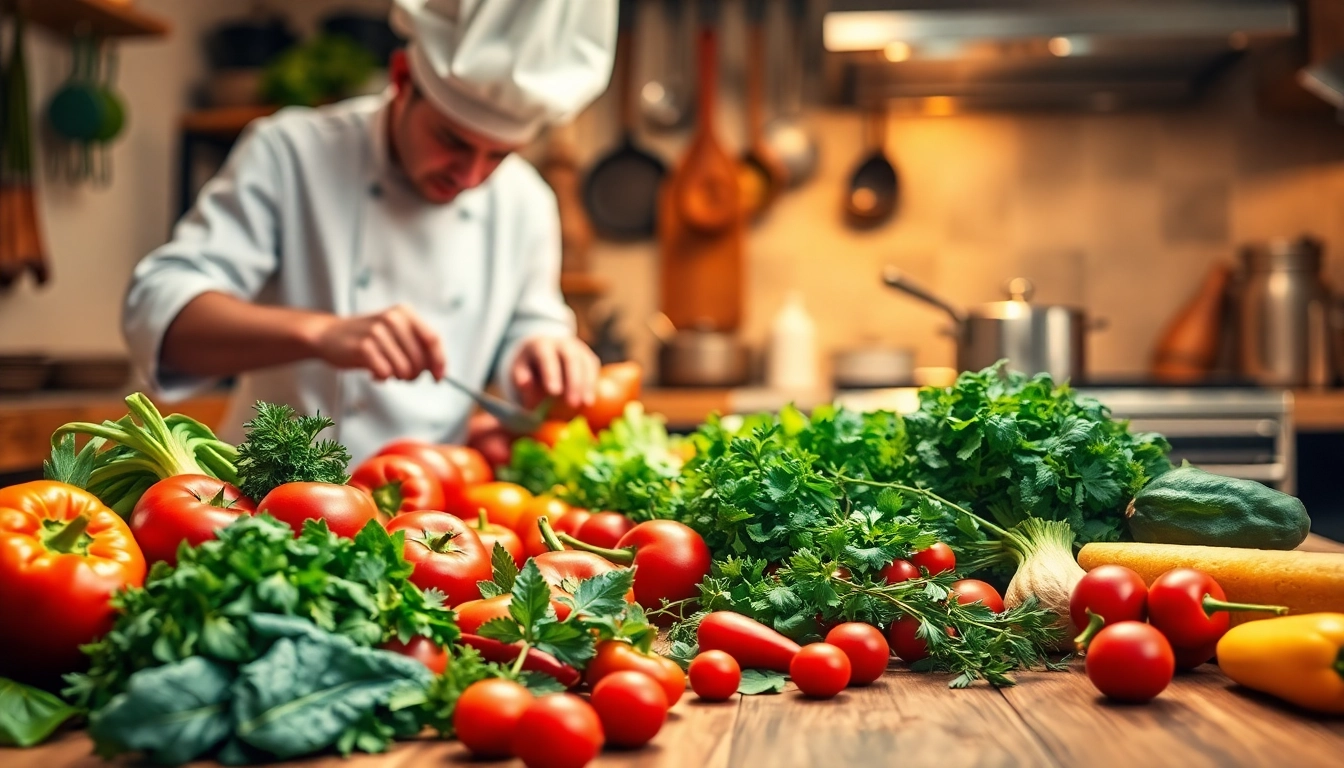 Dishfacts showcases fresh ingredients and cooking techniques in a vibrant kitchen setting.