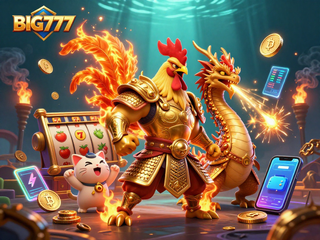 Menangkan permainan dengan BIG777, ilustrasi 3D kasino menarik menampilkan karakter berkekuatan.