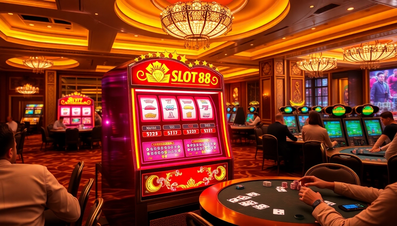 Players enjoying dynamic SLOT88 slot machines in an exciting casino setting, showcasing vibrant gameplay.