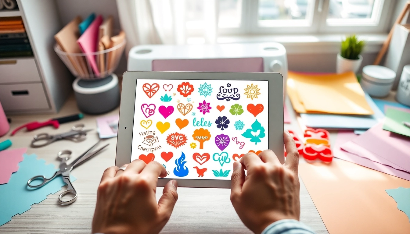 Download vibrant SVG cut files free download on a digital tablet surrounded by craft materials.
